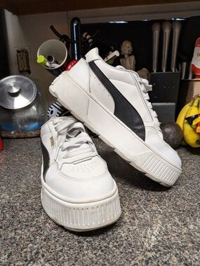 Puma White and Black Leather Platform Sneakers